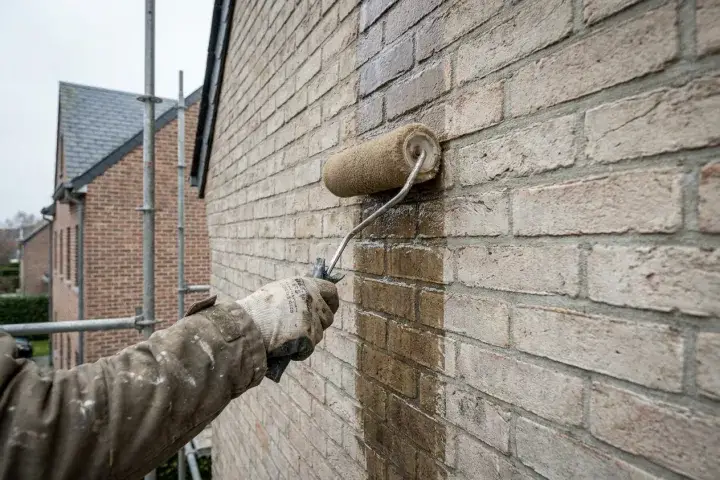 Kleurloze gevelimpregnatie die met een roller op baksteen wordt aangebracht