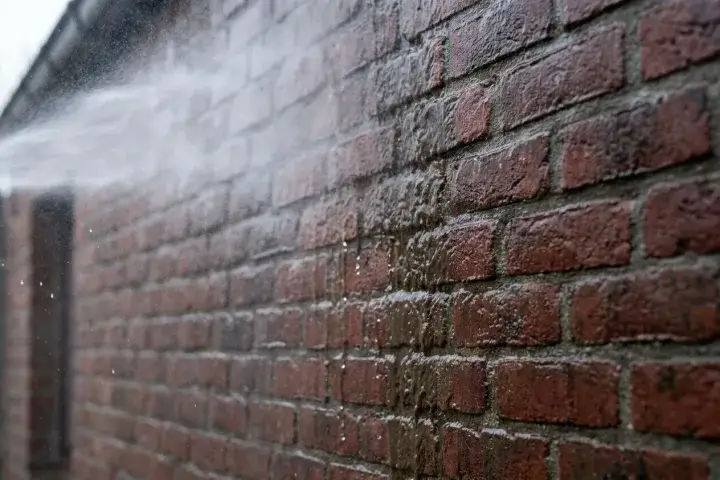 Waternevel op lage druk die over een bakstenen gevel loopt