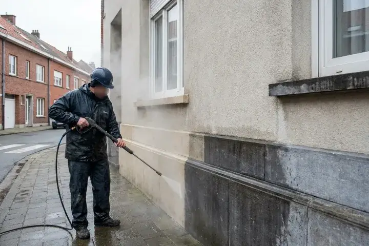 Reiniging van een natuurstenen gevelplint met warm water op lage druk