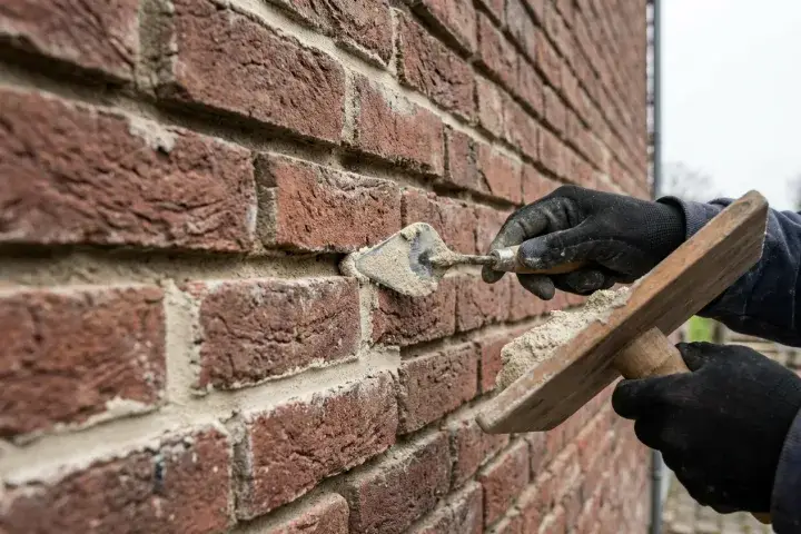 Uitgeslepen voeg in metselwerk die opnieuw wordt aangevuld met mortel